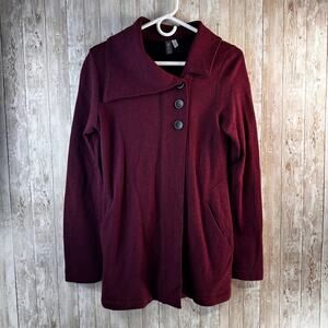 Ibex Reese Cardigan Sweater S Cranberry Red Merino Wool Blend‎ Foldover Collar
